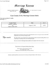 1940 Marriage Record North Dakota, Cass County, Fargo 
