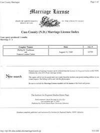1940 Marriage Record North Dakota, Cass County, Fargo