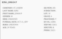 Cemetery Record - 1897 10/13 - Johan 'John' King Sr.