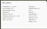 Cemetery Record - 1894 2/27 Johan 'John' King Jr.