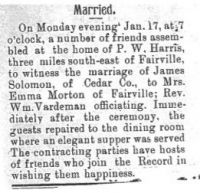 Newspaper Article announcing wedding of Emma Harris Morton to James Solomon on 17 Jan 1898 in Saline County, Missouri