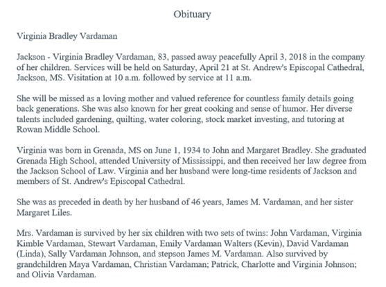 2018 Obituary Virginia Bradley Vardaman