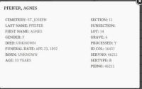 Cemetery Record - 1892 4/23 - Agnes Pfeifer