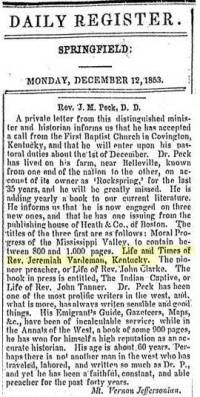 Newspaper Article 1853 12/12 <i>Daily Illinois State Register</i> Springfield, Illinois