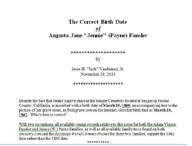 The Correct Birth Date
of
Augusta Jane 'Jennie' (Payne) Fansler
