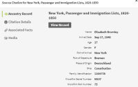 Immigration Record of Elizabeth Brumley